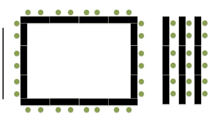 Meeting Room B Layout Diagram. Black rectangles represent tables and green circles represent chairs.